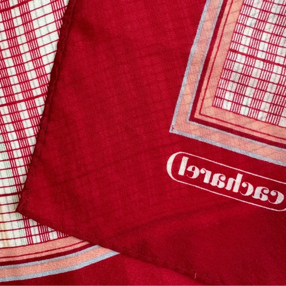 Vintage Cacharel Plaid Tartan Silk Feel Square Scarf 26x26 Red Cream French Chic